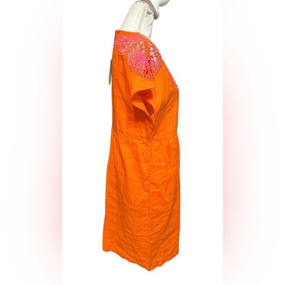 BODEN Fleur Embroidered Linen Dress with Pockets-US Size 8L Orange and Pink - Picture 3 of 6